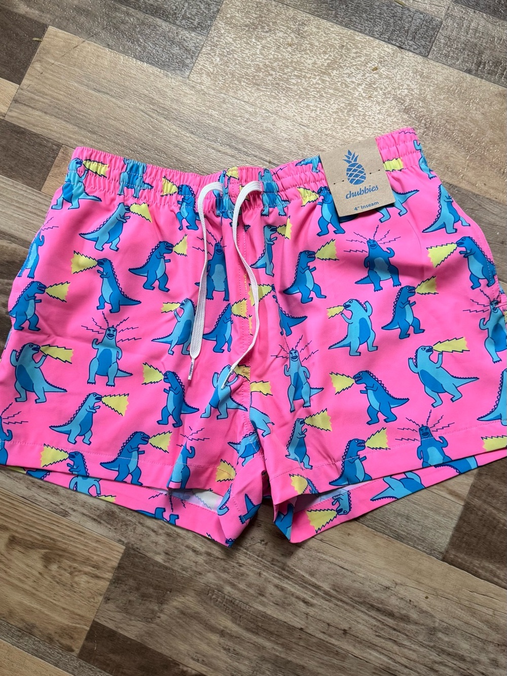 Men’s chubbies Dinosaur Swim Trunks Pink Blue & Yellow size medium NWT